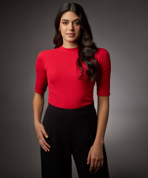 Short Sleeve High Neck Rib Top- Red